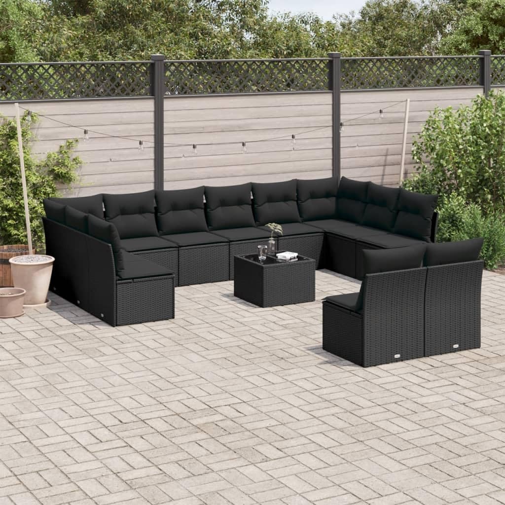 Fengshui 13-częściowa sofa ogrodowa z polirattanu, czarna, ze szklanym