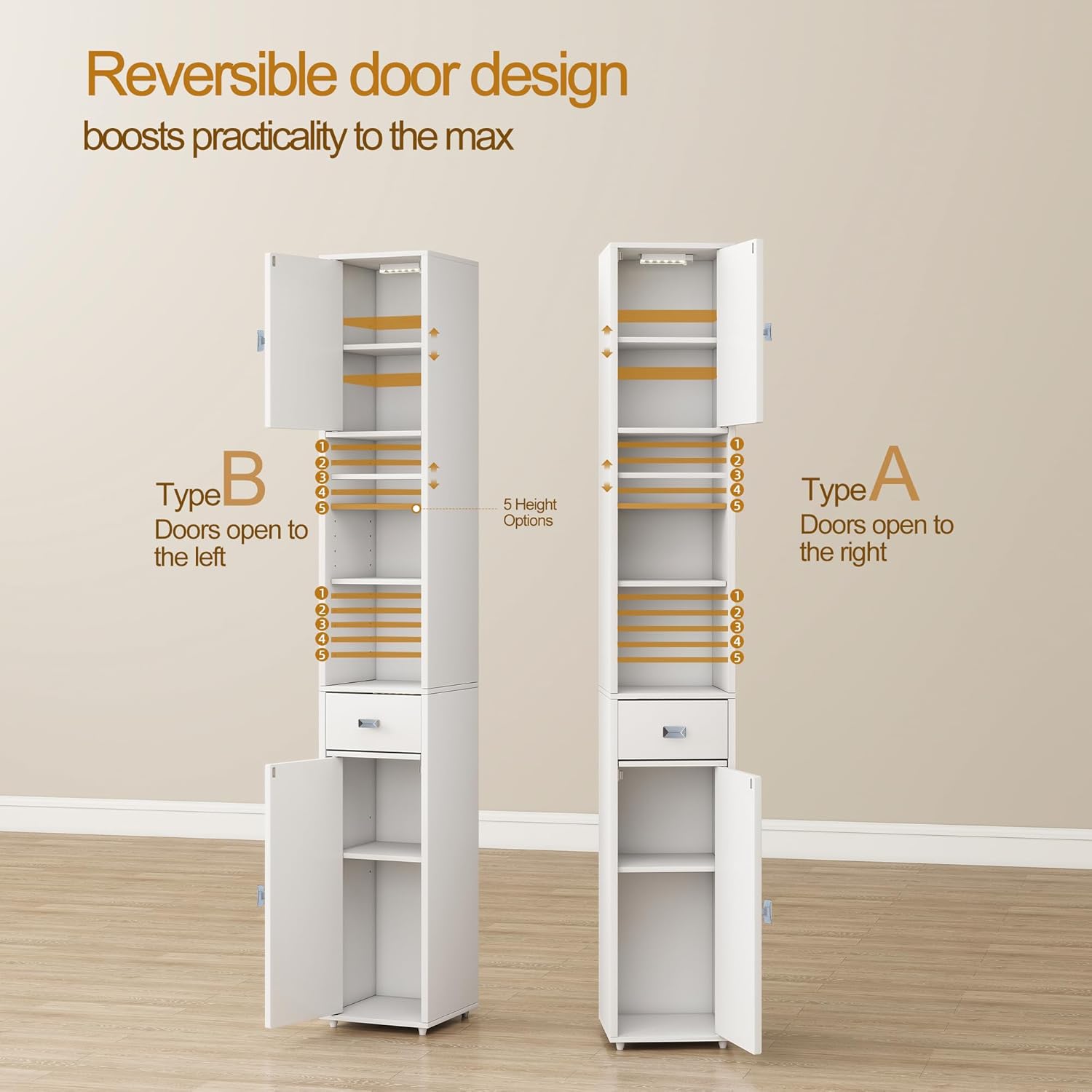 Tall Storage Cabinet, 7.9 Inch Narrow Bathroom Cabinet with USB Magnetic Light, Open Shelf, Magnetic Doors & Drawer, 5 Adjustable Shelves, Anti-Tip Kit for Small Spaces, Living Room, White, 70.9" H