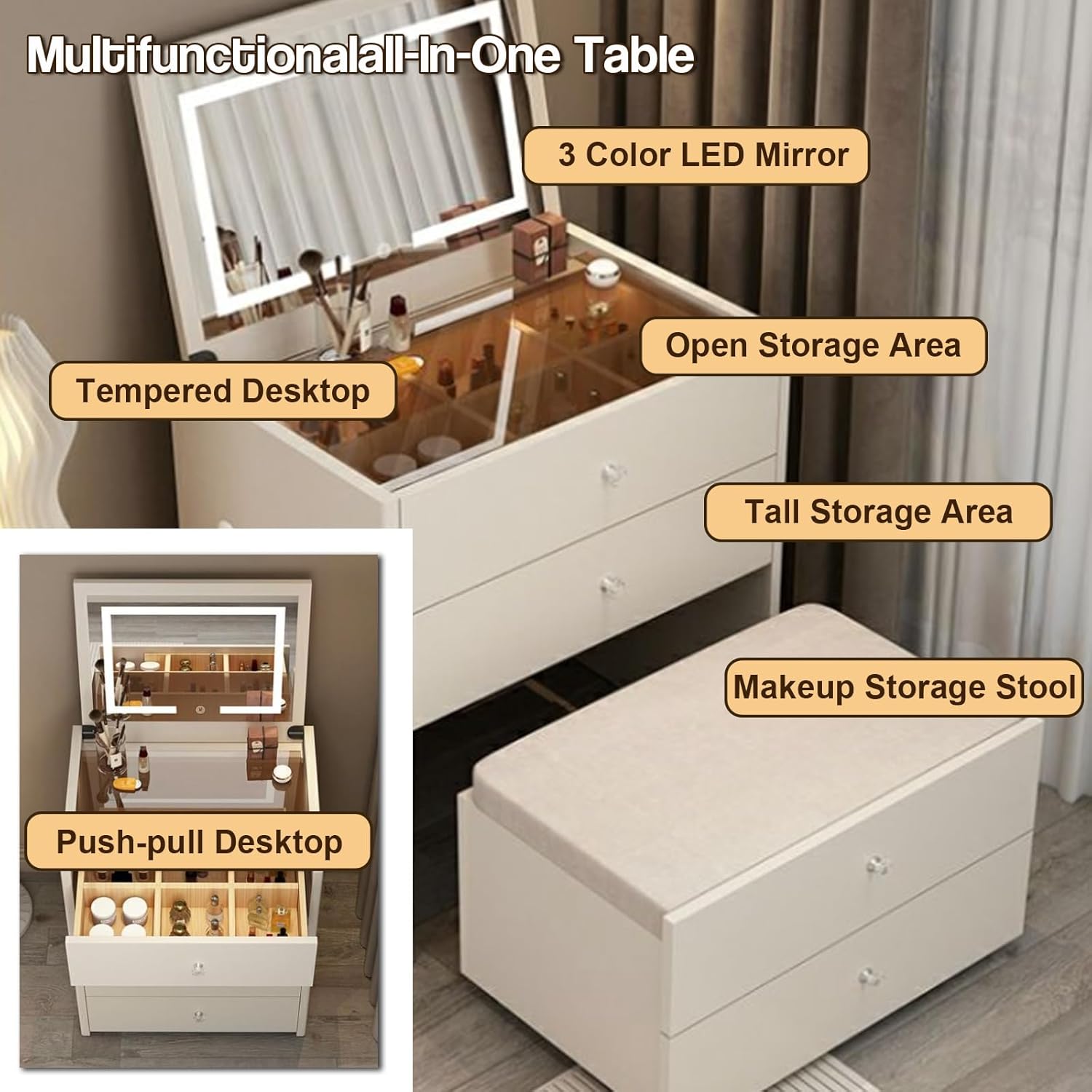Small Vanity Set - Makeup Vanity Table with USB Charging Station & Speaker, Vanity Desk with Mirror and Lights Dressing Table Makeup Vanity Drawers and Storage Stool Make Up Desk,Gray,19.7"×15.