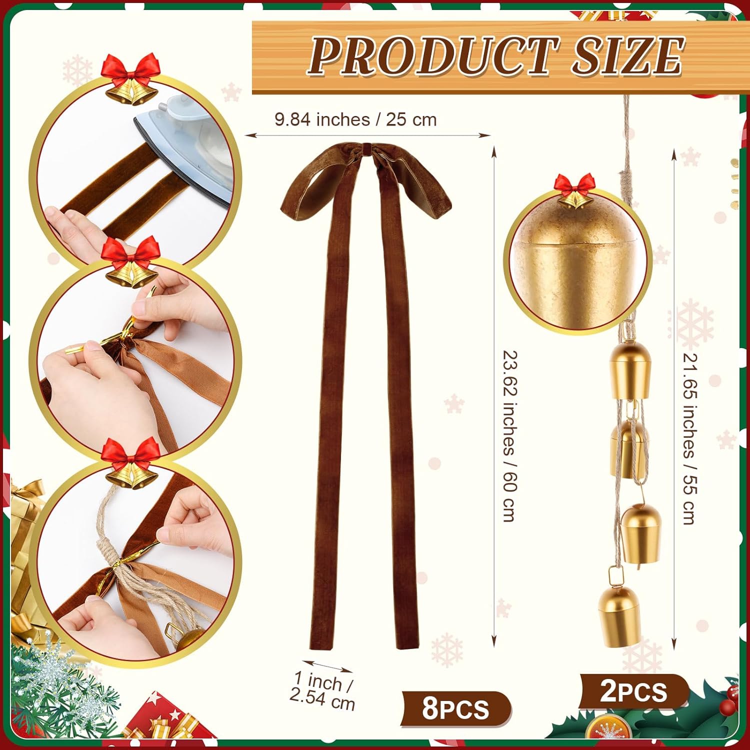 Suncalla 2 Pcs Christmas Cow Bells with 8 Pcs Brown Velvet Bows Vintage Rustic Gold Bell with Velvet Ribbon Bows for Xmas Tree Wall Home Mantel Banister Decor Wreath Garland Garden Indoor Outdoor