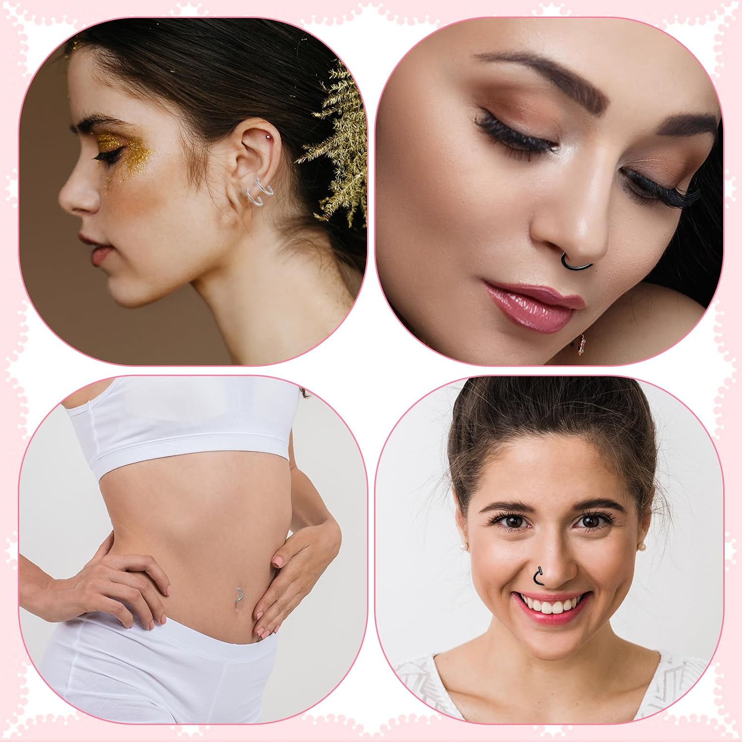 Fake Lip Piercings, 16 Pcs 8mm Stainless Steel Fake Lip Rings False Lip Piercing Double Cartilage Helix Earrings Ear Cuff for Women Men (Silver, Black)