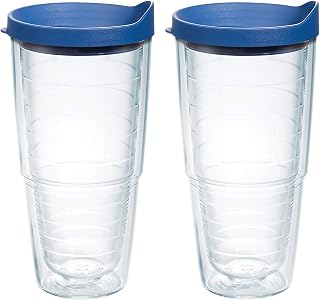 Tervis 24oz Double Walled Insulated Tumbler 2-Pack with Blue Lids - Keeps Drinks Hot & Cold, Made in USA, BPA-Free