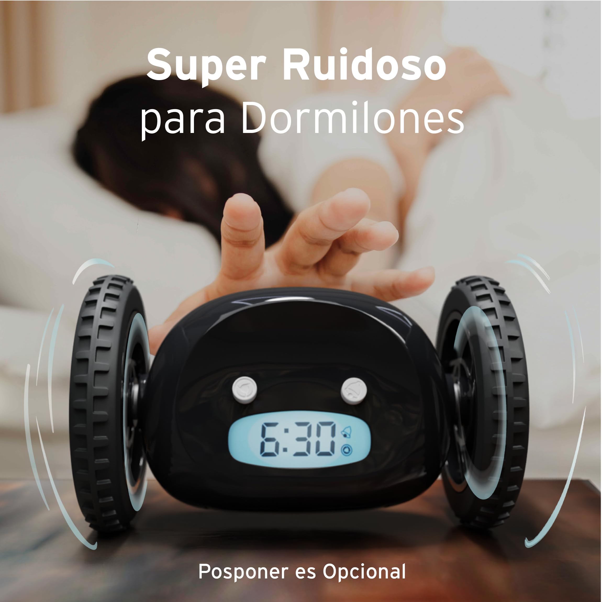 CLOCKY Reloj Despertador Potente Ruidoso Sonido Muy Fuerte para Dormilones Sordos Sueño Profundo Adultos Niños Despertador Digital Inteligente con Ruedas Se Mueve Regalo Divertido (Ruedas Negras)