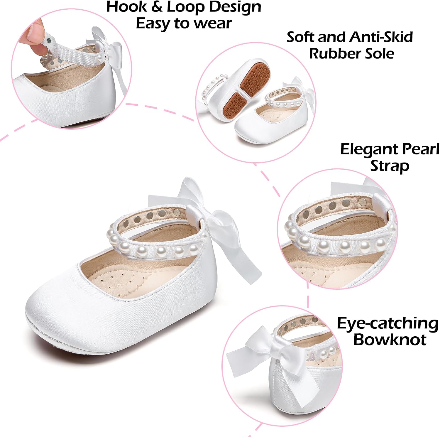 PHIRAMIN Baby Girls Mary Jane Flats - Infant Newborn Walking Shoes Soft Rubber Sole Princess Wedding
