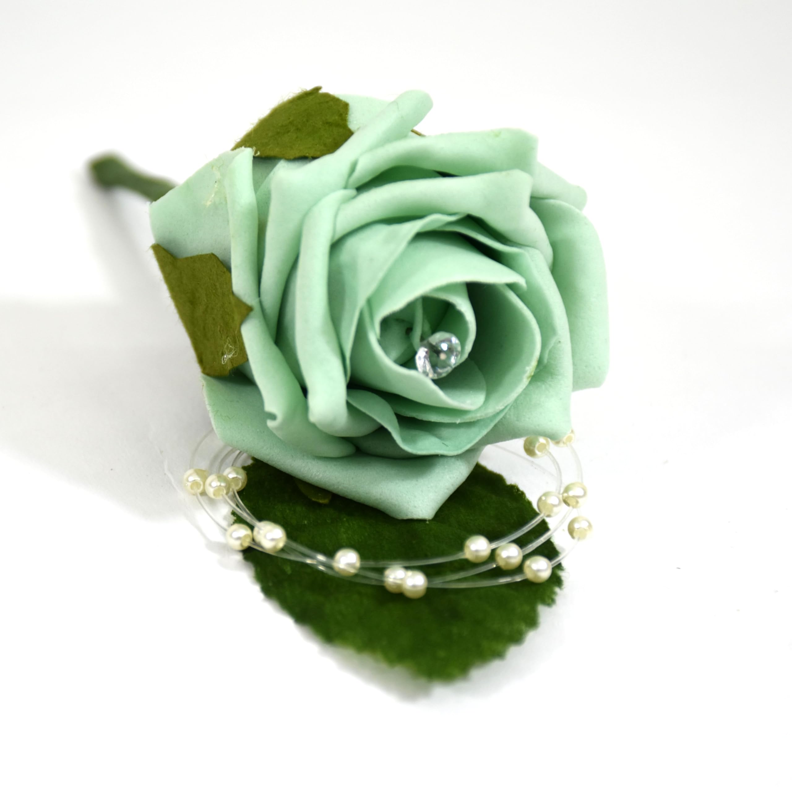 Shimmer-hj 50 Lime rose with pearl loop & diamante centre artificial foam wedding buttonholes. Bouquets, posy, corsage & wands available for bride, groom, bridesmaid, pageboys.
