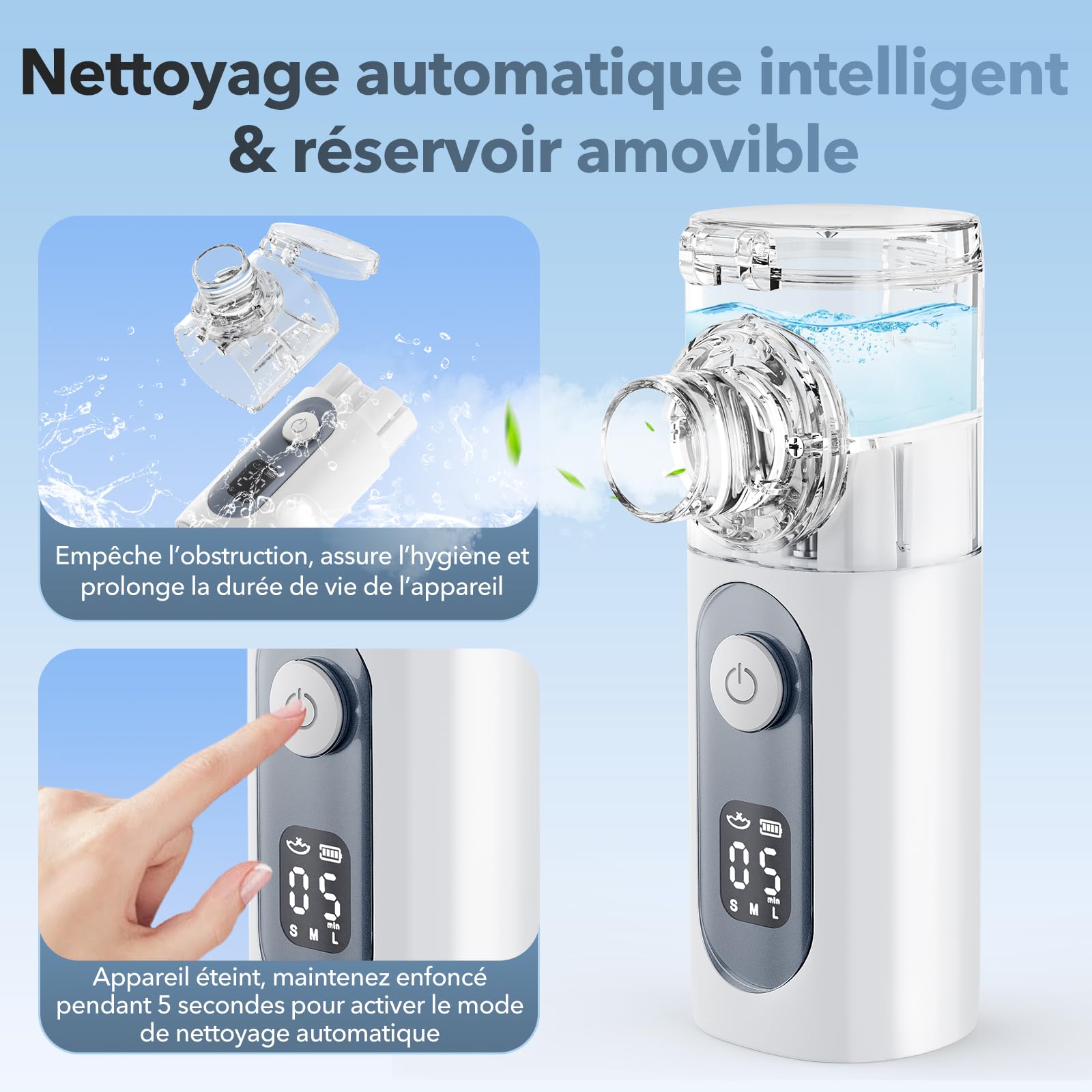 Nebulisateur Portable pour Adultes et Enfants - Inhalateur Silencieux Rechargeable avec 3 Niveaux, Auto-Nettoyage, 2 Masques (Adulte/Enfant) et Embout Buccal - Pour la Maison, le Bureau et les Voyages