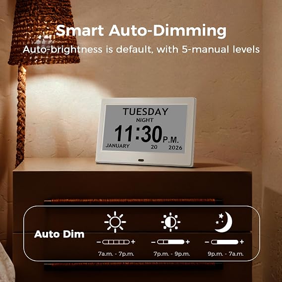 7'' Digital Clock, Dementia Clock With Date And Time, 10 Reminders, 6 Alarms, Auto-Dimming, Auto DST, Remote Control, Large Display Alarm Clock For Seniors, Gifts For People With Dementia, White