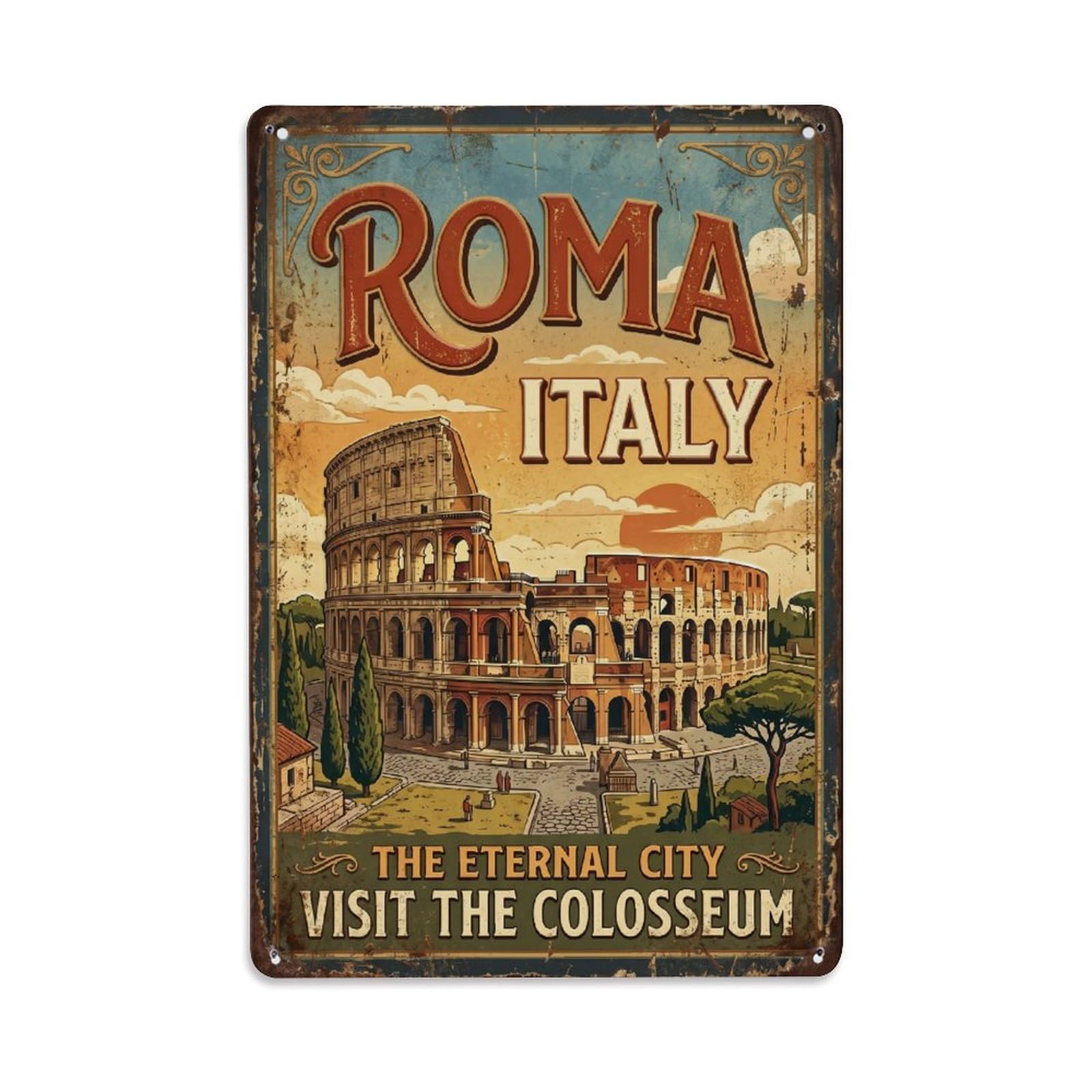 Vintage Travel Colosseum Rome 2 Metal Tin Sign Wall Decor for Cafe, Club, Garden Metal Poster 8x12Inch
