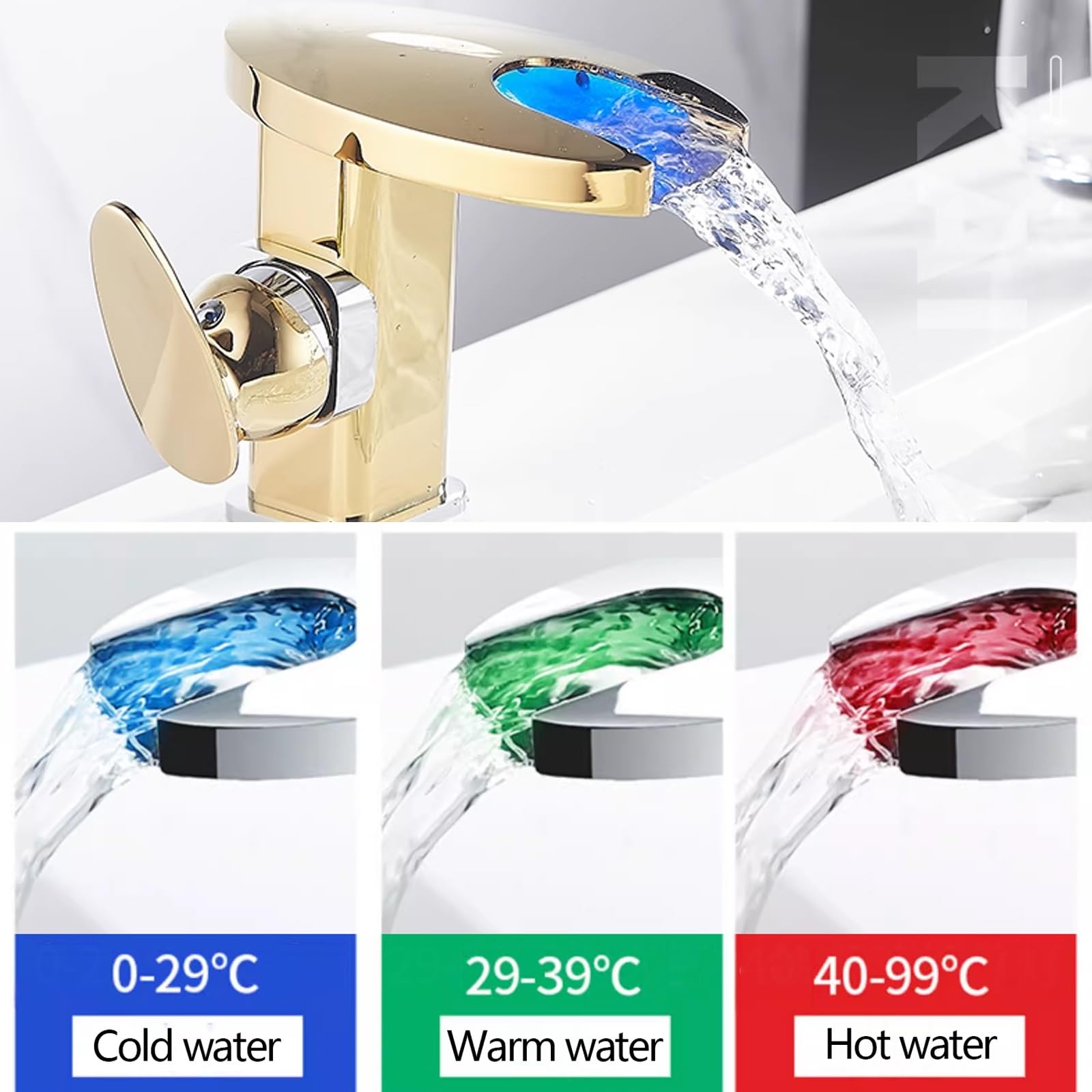 Grifo de lavabo de baño con boquilla de cascada de luz LED, material de latón hidroeléctrico, diseño de un agujero para cocina, lavandería y cámper