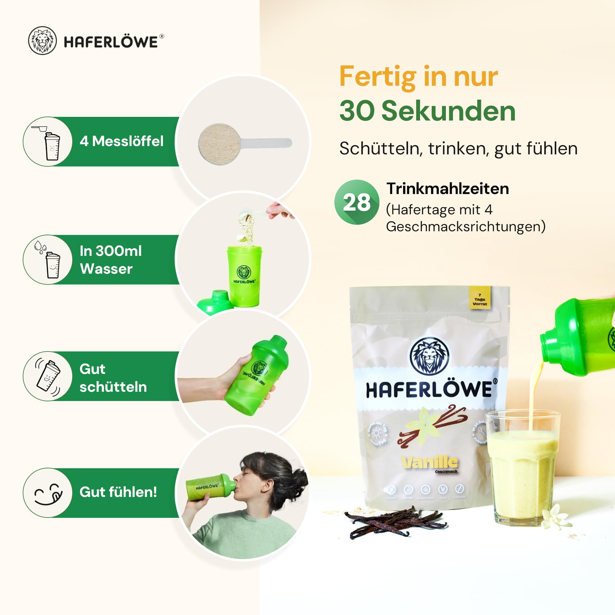 Haferlöwe Haferkur 28 Tage Starter Set, Hafertage in 4 Geschmacksrichtungen | Inkl. Gratis Shaker und Leitfaden | Protein Shake | Leckerer Diät Hafershake | DIA2® Ernährung