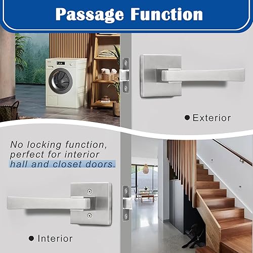 Miniatura 10 de Orger Paquete de 10 manijas de puerta de privacidad, cuadradas, sin llave, para puertas zurdasderechas, manija interior de níquel satinado,