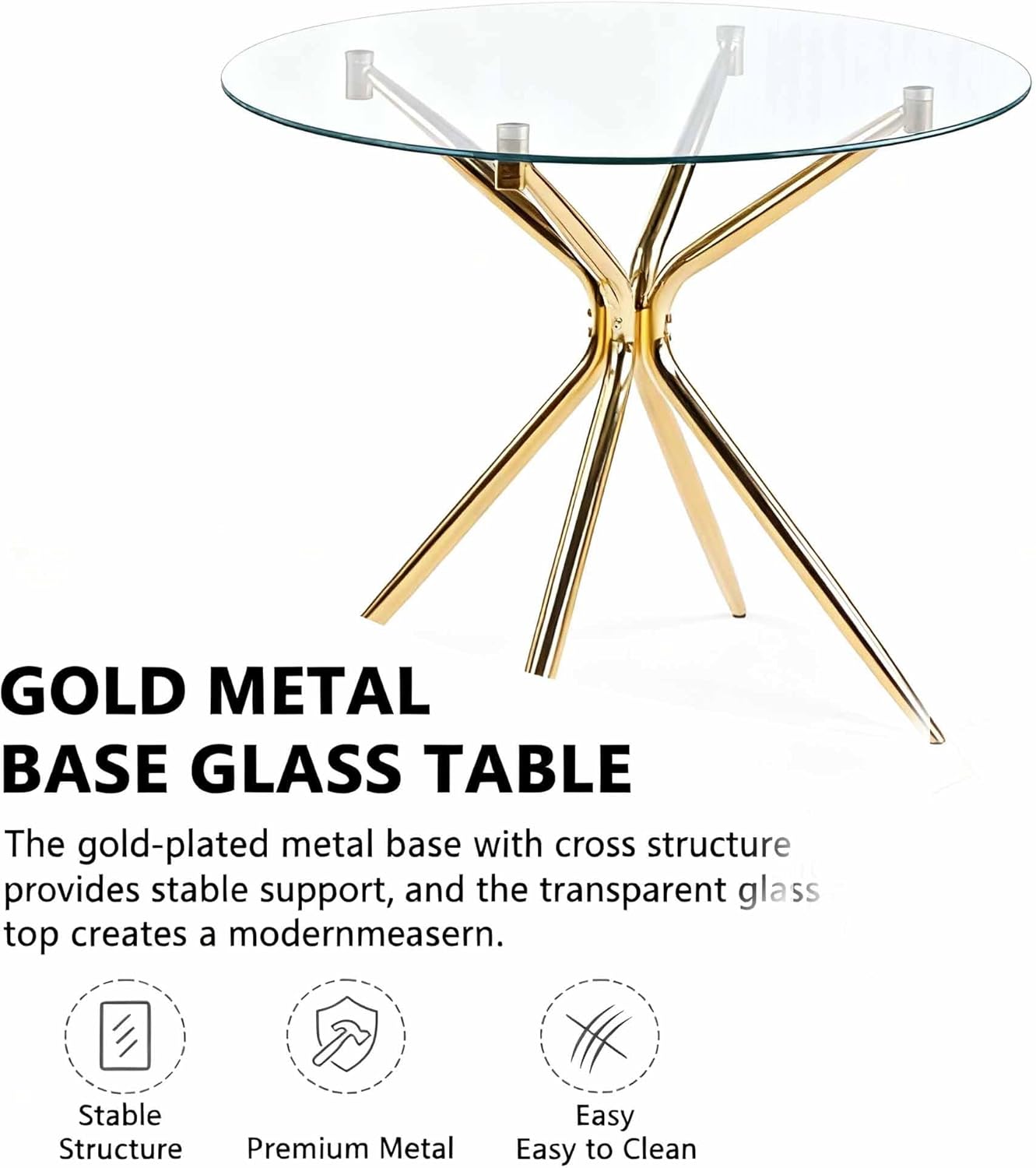 Round Gold Dining Table for 2 People, Circle Tempered Glass Top Kitchen Table with Metal Cross Legs, Small Stylish Family Dinner Table for Home Office Living Room