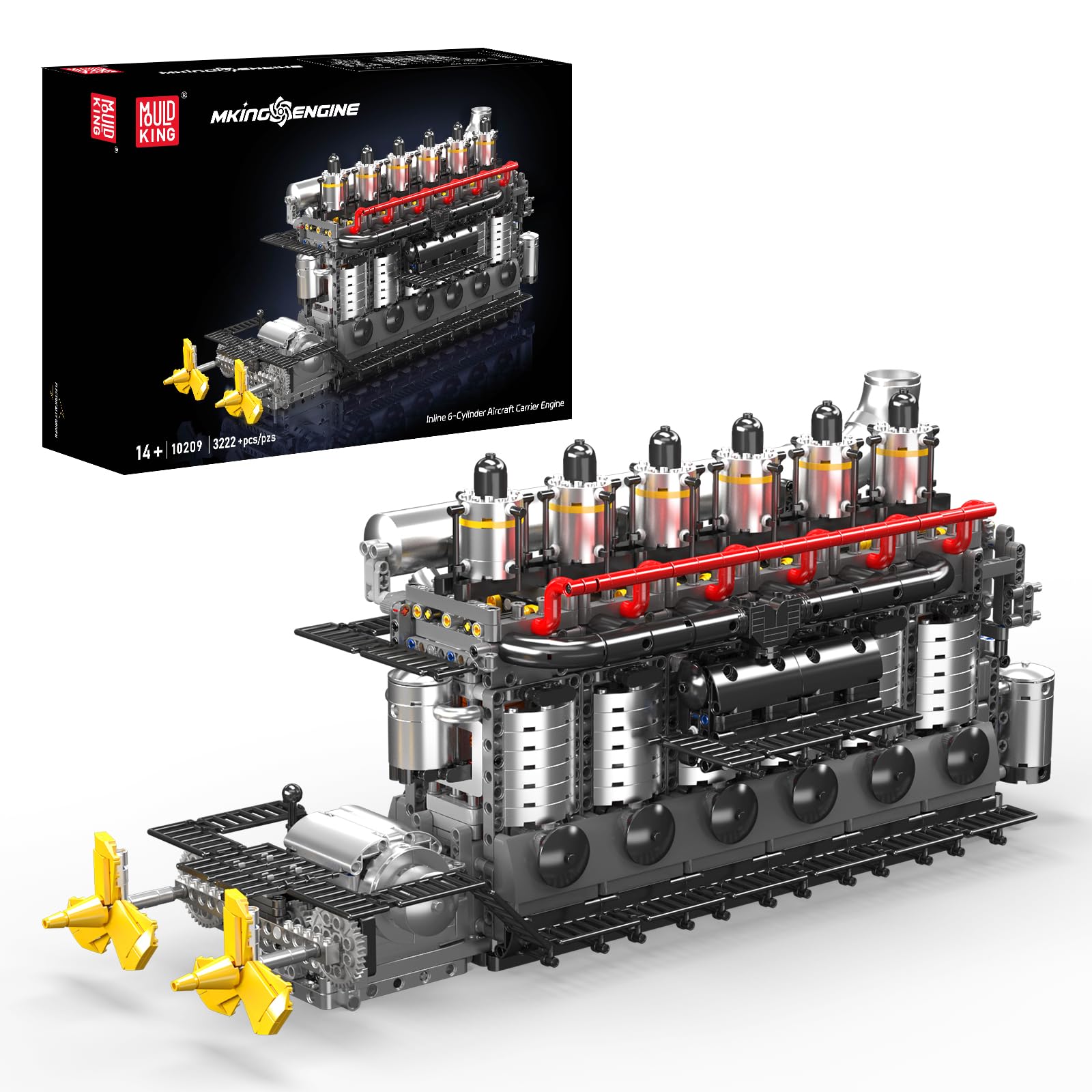 Mould King 10209 Technik Reihensechs-Zylinder-Flugzeugträger-Motor-Baustein-Modell | Elektrische Verbindung des Sechs-Zylinder-Schiffsmotors | Doppelpropeller-Übertragungs-Demonstration（3222+Teile）