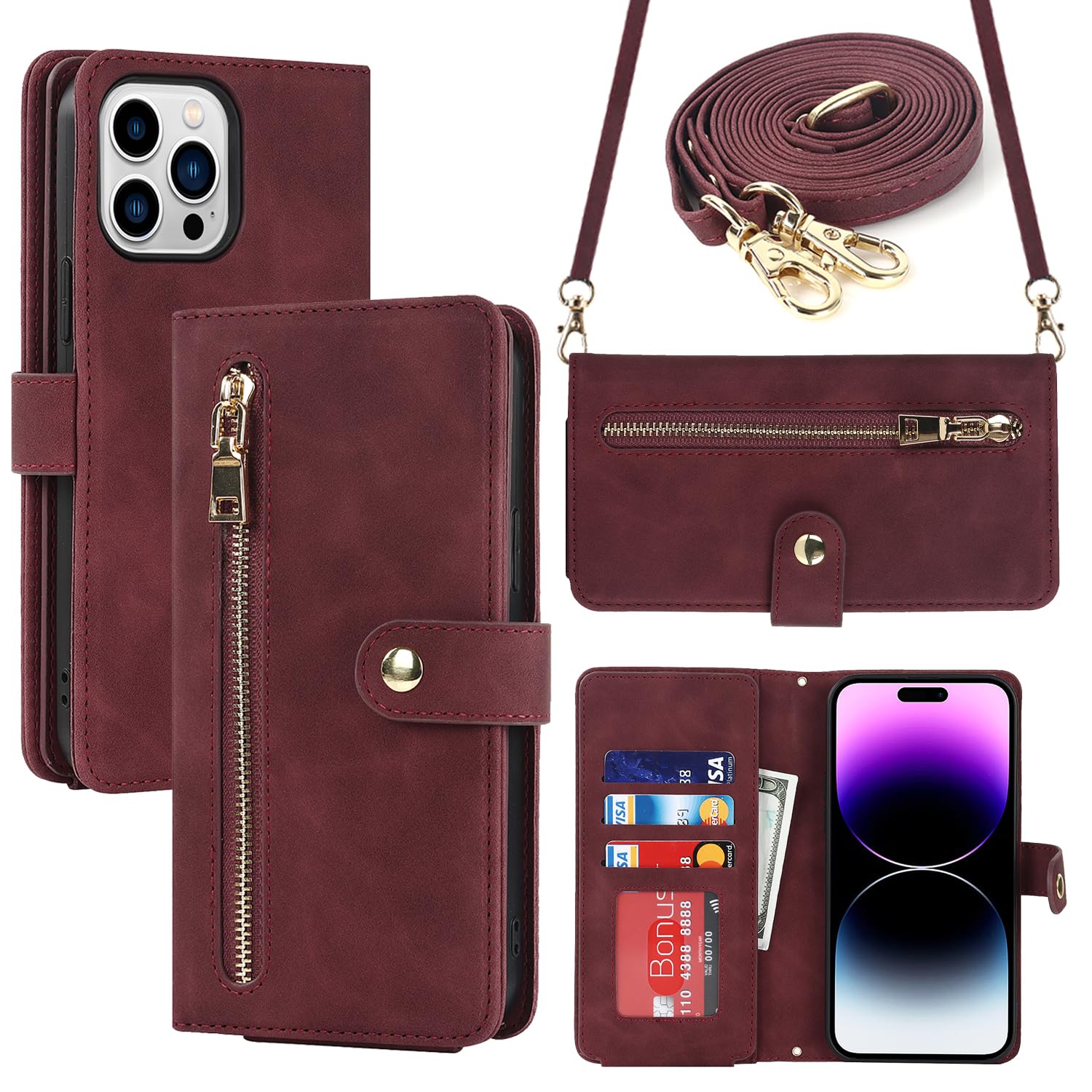 Ｈａｖａｙａ Crossbody Phone case for iPhone 15 pro case with Strap for Women iPhone 15 pro Wallet case with Card Holder Flip Leather Zipper Wallet Cover