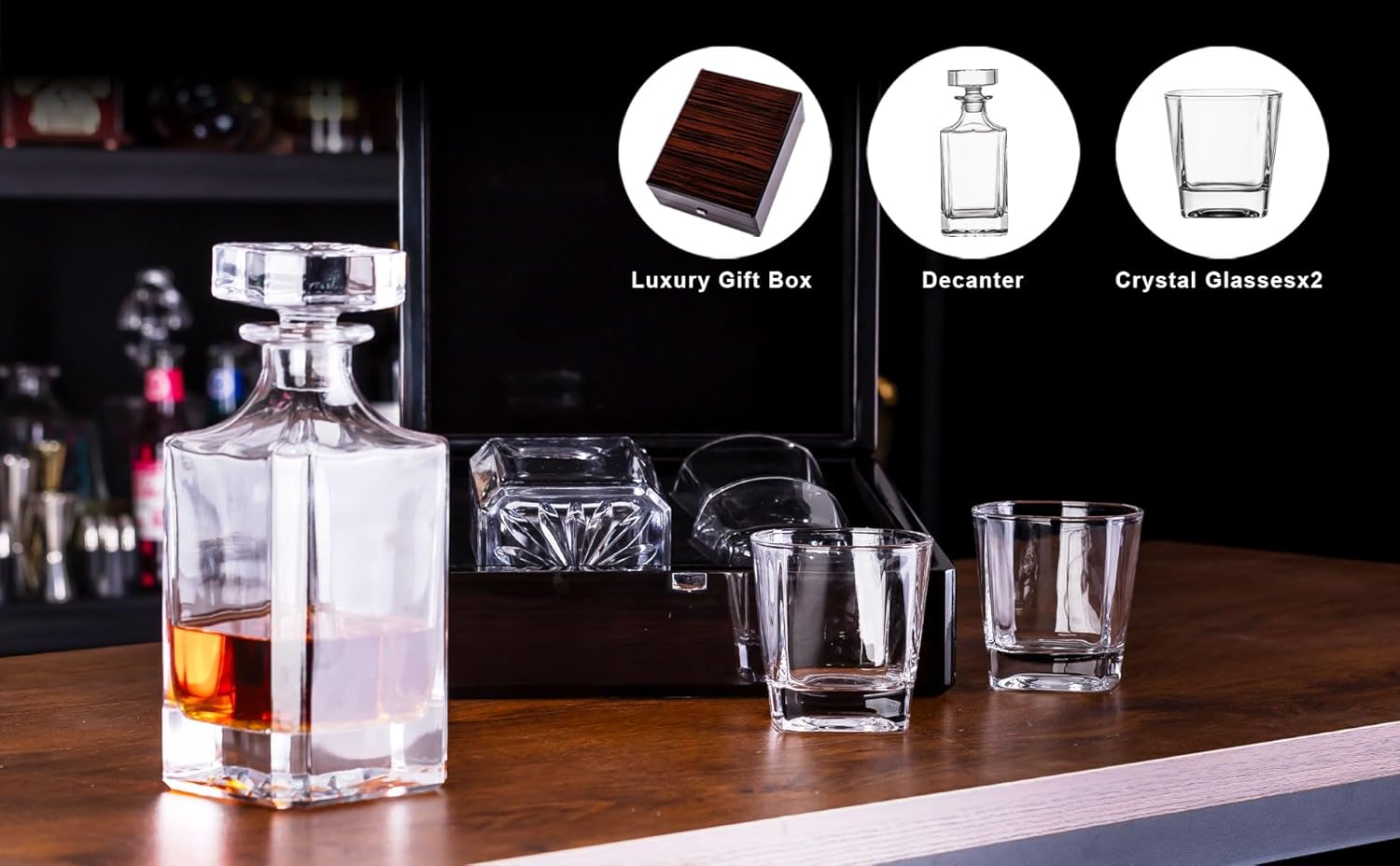 Liquor Decanter Set with Premium Wood Gift Box: 2 Rock Glasses, Crystal Glass Decanter, Bourbon, Whiskey, Gifts for Men, Dad, Father’s Day, Birthday, Weddings, Groomsman, Gift Ideas - Image 4