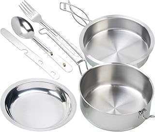 Semptec Urban Survival Technology Campingtopf: 6-teiliges Edelstahl-Camping-Kochgeschirr-Set mit Besteck (Camping Topf Edelstahl, Kochset, Zelt)