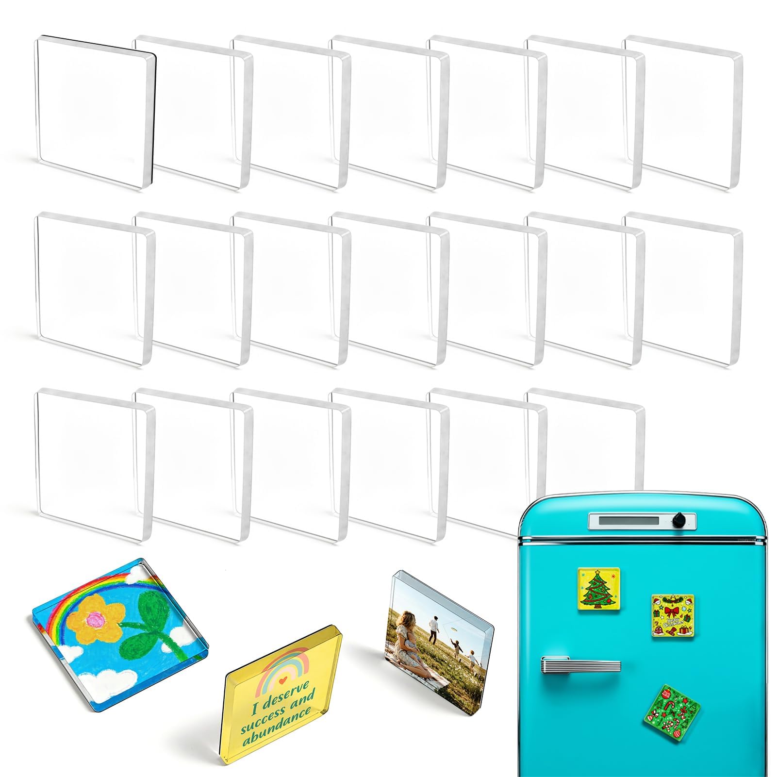 20 Pack Clear Acrylic DIY Fridge Magnet Set, Photo DIY, 5x5x0.4cm Decorative Refrigerator Magnet with Adhesive Backing, Clear Acrylic with Adhesive Backing, Suitable for Crafts, Kitchen, Classroom