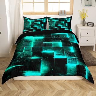 Juego de cama cuadrado de color verde azulado negro, funda nórdica de cuadros neón, funda nórdica de 200 x 200 cm, funda nórdica a cuadros neón, funda nórdica brillante, decoración moderna para
