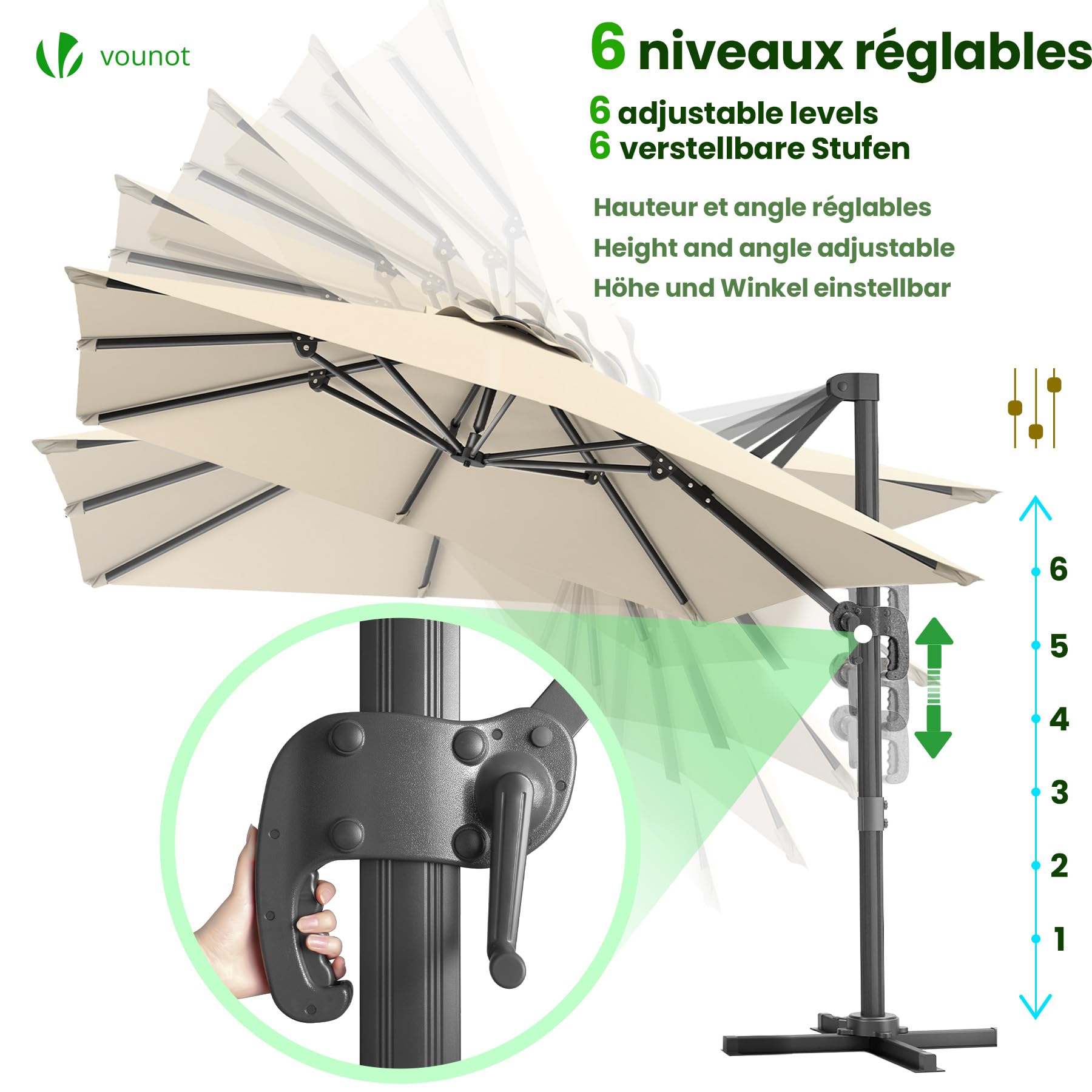 vounot® Parasol Déporté Carré 3x3M avec 8 Baleines Parasol de Jardin Extérieur Rotation 360° Inclinable 6 Positions Toile Polyester Anti UV et Imperméable avec Housse Beige Foncé