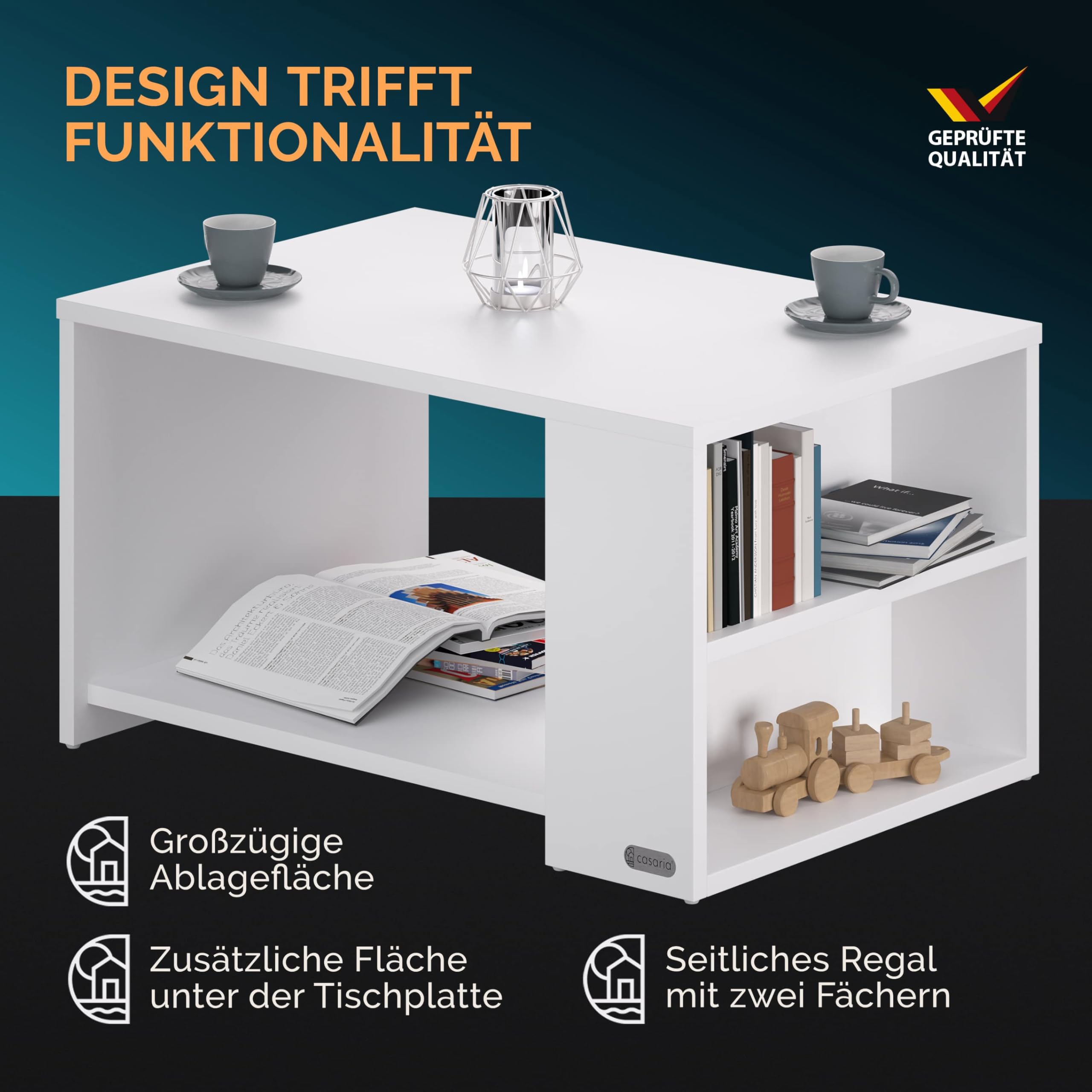 Casaria® Couchtisch Weiß Holz mit Stauraum Regal 2 Ablagen 90 x 60 x 50 cm Wohnzimmertisch Kratzfest 50 kg Belastbar Eckig Beistelltisch Sofa Couch