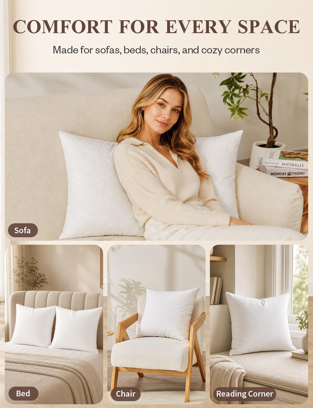 Soft Feather Throw Pillow Inserts, 18 x 18 Inches, Set of 2