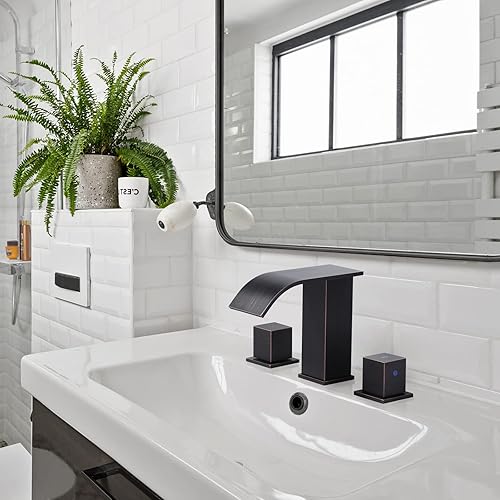 Miniatura 2 de ARCORA Grifo de baño de cascada de bronce aceitado  Grifos de baño de 8 pulgadas para fregaderos, 3 agujeros, 2 asas, grifo de lavabo de baño con