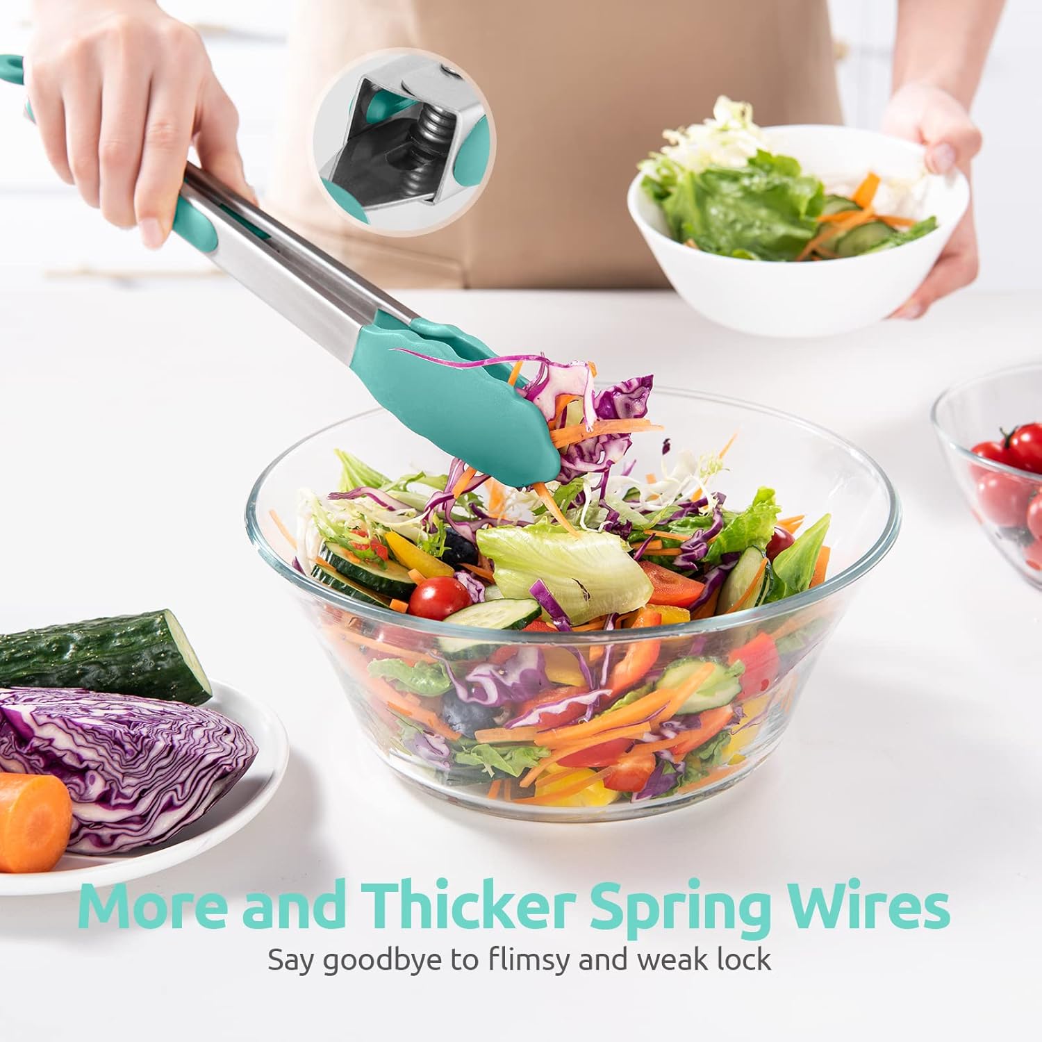 600ºF Heat Resistant Kitchen Tongs: U-Taste 12 in Large Silicone Cooking Tong with Sturdy Non Stick Rubber Tips & Silicon Coated 18/8 Stainless Steel Handle & Smooth Locking for Serving Grill-Aqua Sky