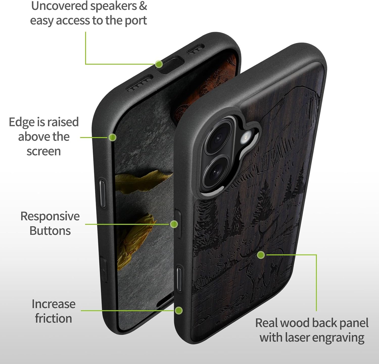 Carveit Magnetic Wooden Case for iPhone 17 Case, Wood Artisan Engraved & Black Soft TPU Shockproof Cover, Compatible with MagSafe Wireless Chargers (Mountains and Deer) Blackwood