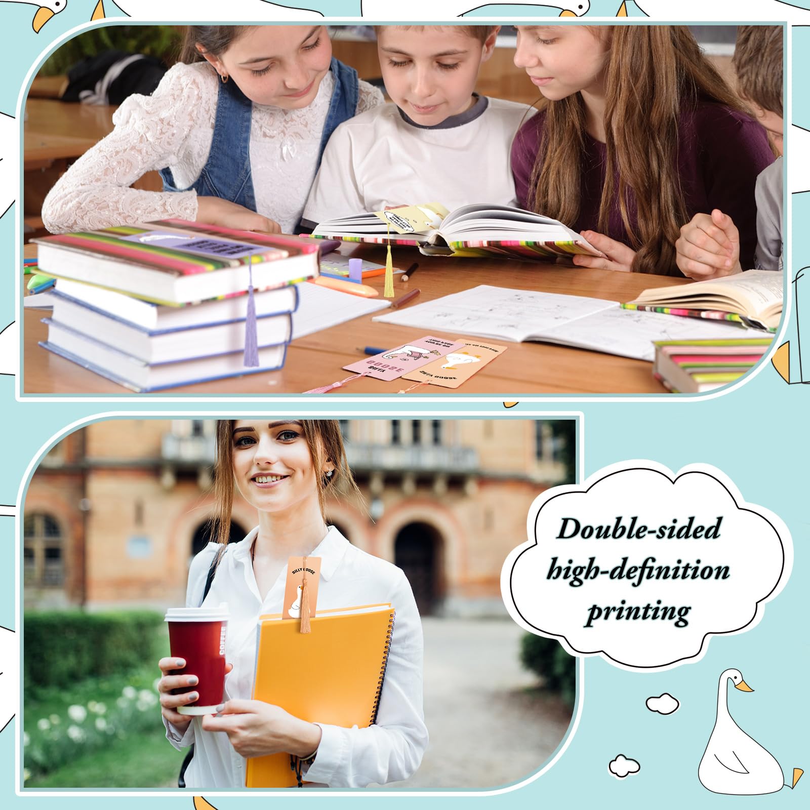 24 Stück Silly Goose Lesezeichen mit Quasten, lustige Gänse-Lesezeichen, Lesezubehör, Geschenke für Buchliebhaber, Schulbuch, Geschenke, 6 Stile