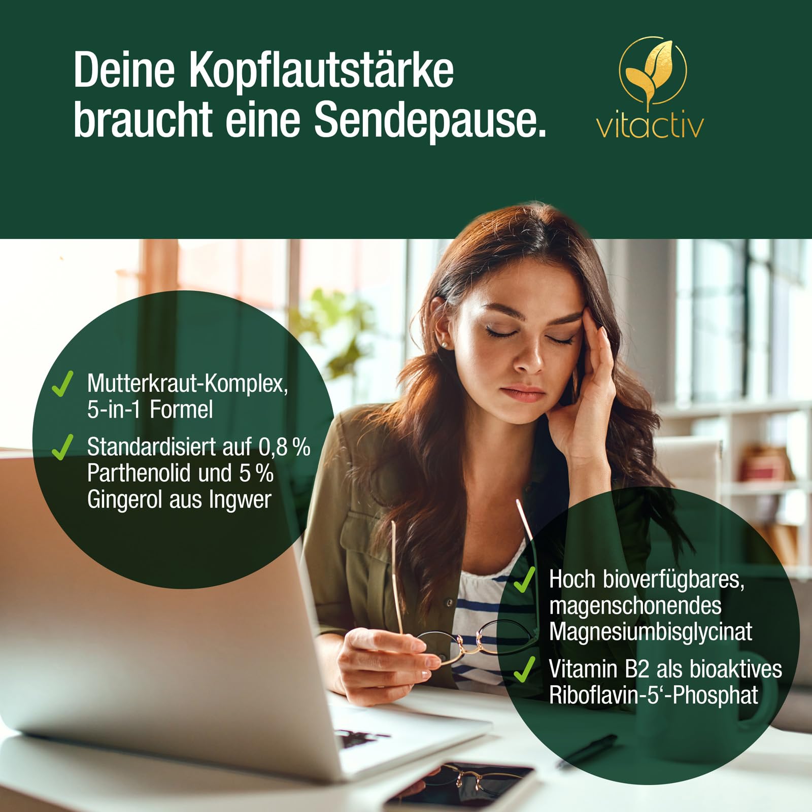 VITACTIV Migra Komplex - 90 Mutterkraut Kapseln für Kopf Balance - Plus Ingwer Extrakt, Magnesium, Coenzym Q10, Vitamin B2 - Produziert & Laborgeprüft in Deutschland - Vegan, Ohne Künstliche Zusätze