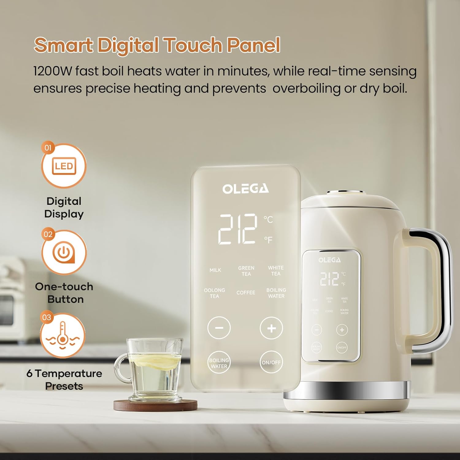 Electric Kettle Temperature Control: OLEGA 1.5L Stainless Steel Smart Kettle Hot Water Boiler, 6 Temp Presets, 1200W Fast Boiling Electric Tea & Coffee Kettle, Electric Kettles Teapot for Home -Beige