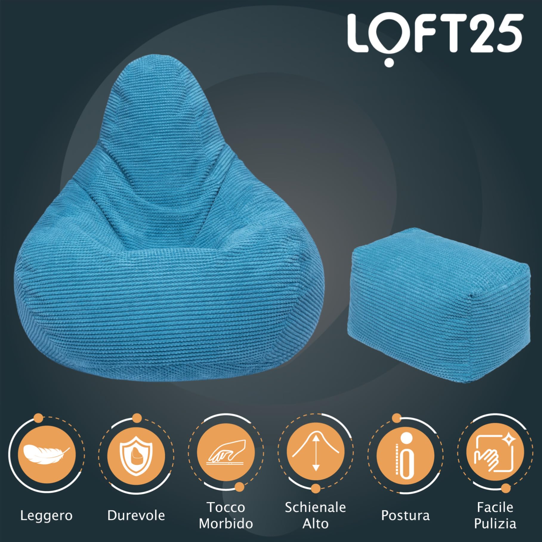 Loft 25 Volwassen Highback Zitzak Stoel | Corduroy Stof Indoor Woonkamer Gaming Zitzak Ligstoel | Interne Voering | Ergonomisch Ontwerp (Zwart, Zitzak