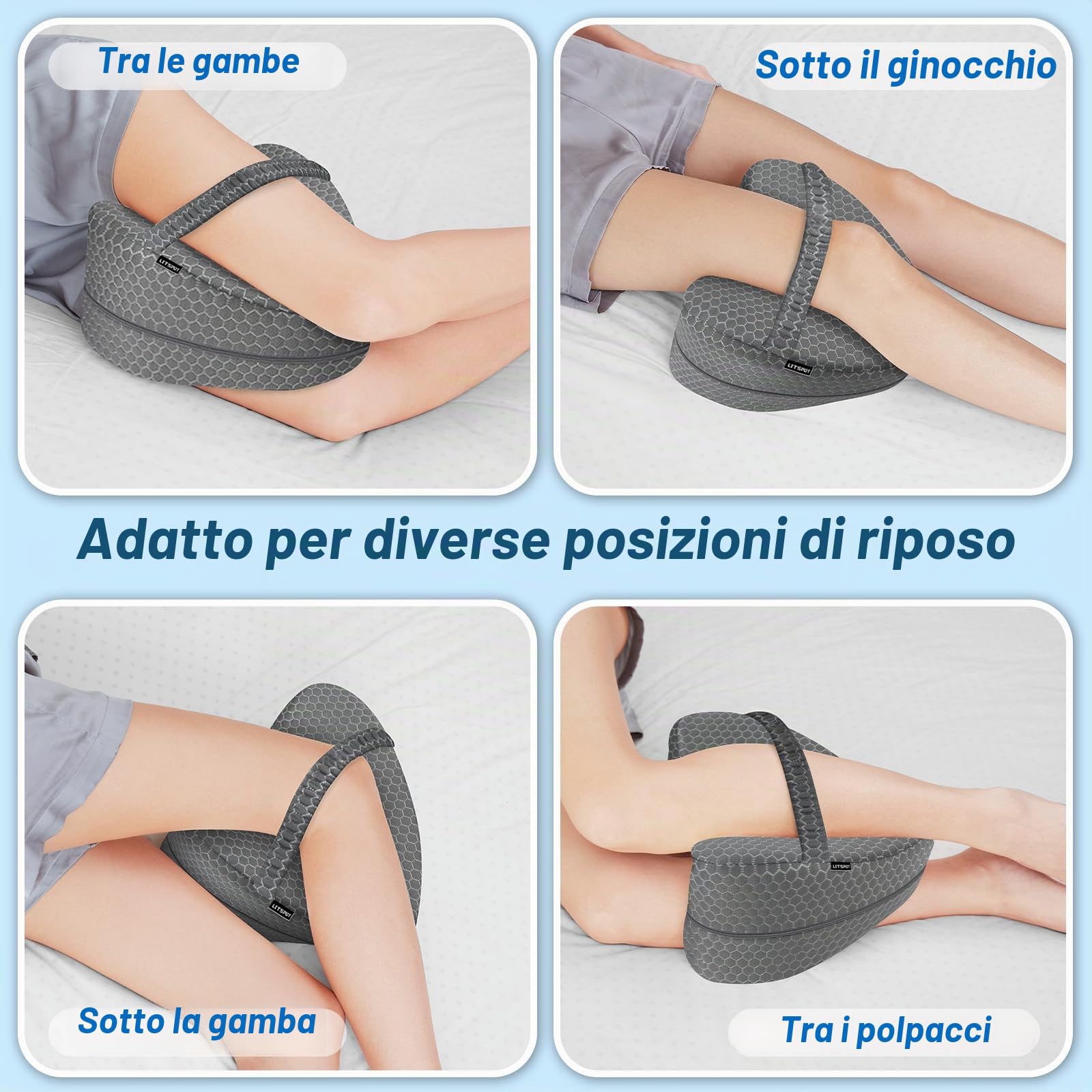 Cuscino Rinfrescante per Gambe e Ginocchia per Dormire sul Fianco, Cuscino Gambe Ergonomic in Memory Foam con Cinghia Elastica Federa Lavabile, Grigio