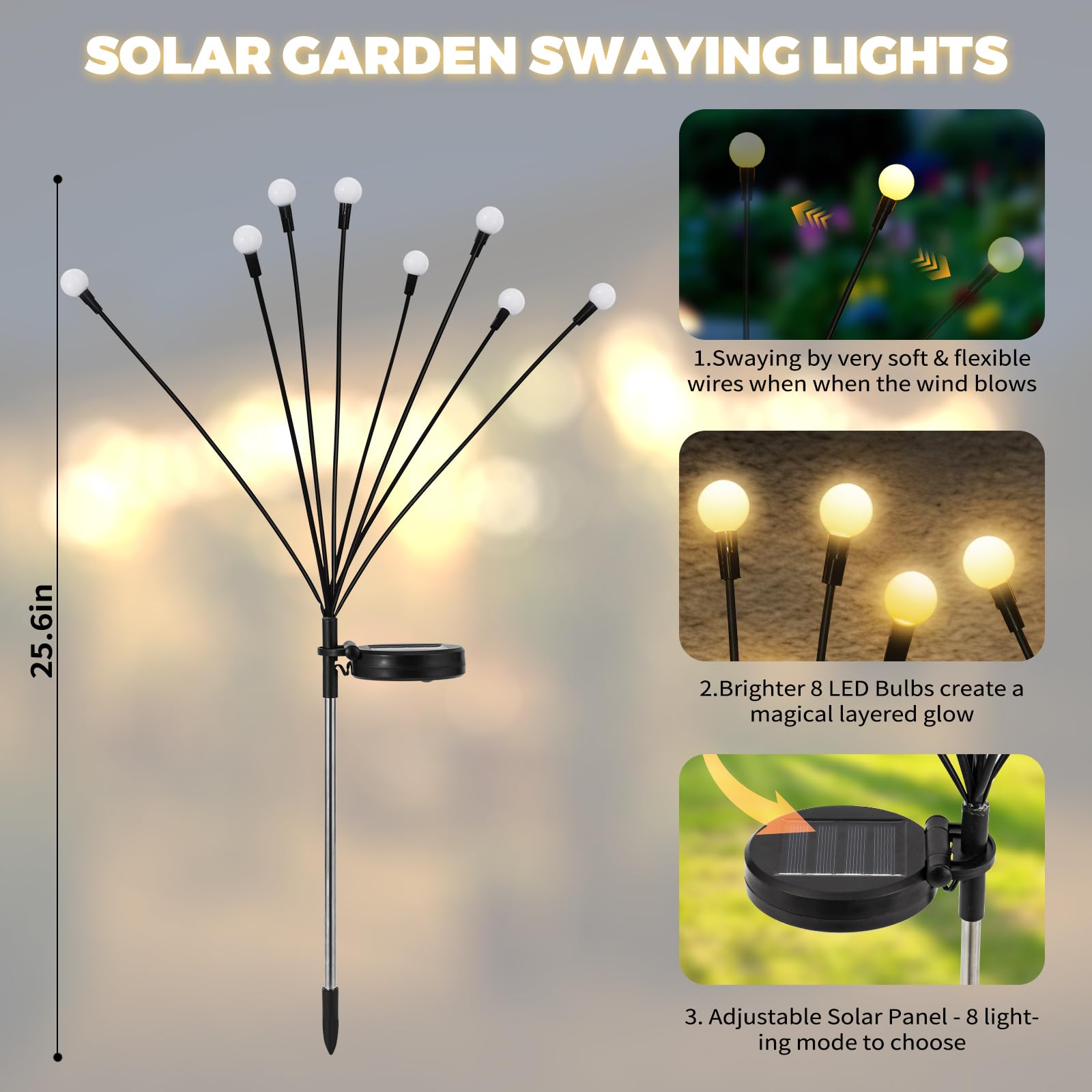 Luces solares de jardín – Luces solares LED oscilantes para decoración al aire libre, luces impermeables para patio y patio con alambre de hierro flexible y base de bombilla pesada para