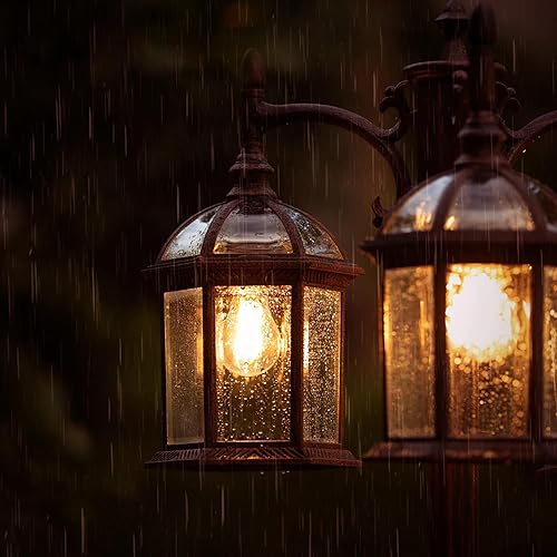 Miniatura 4 de Lámpara de poste de bronce para exteriores con salida GFCI, poste de luz de calle de aluminio de triple cabezal para exterior con sensor, accesorio