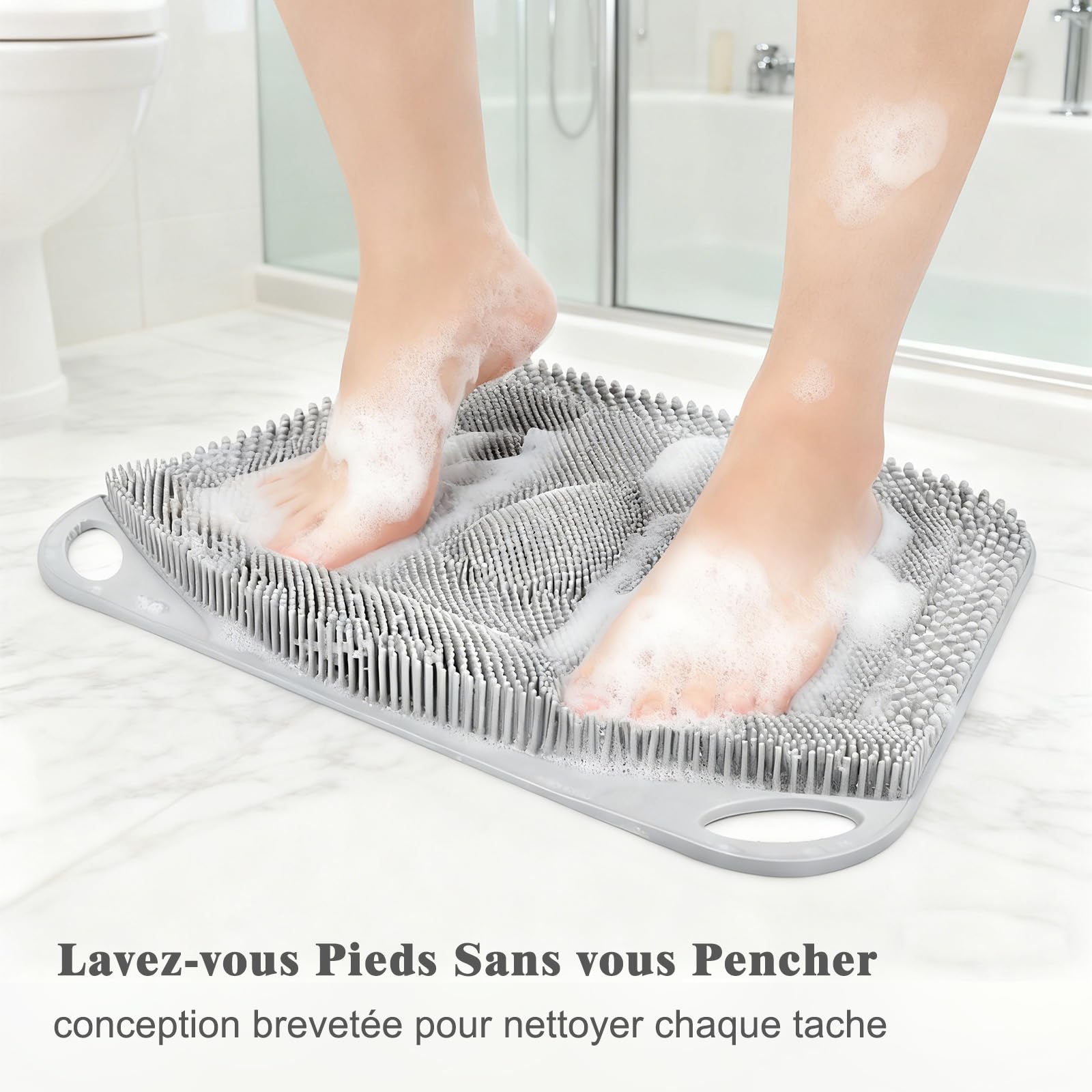 FREATECH Grand Brosse Pieds Douche Shower Foot Scrubber avec Ventouses Antidérapantes, Nettoyage, Exfoliation et Massage Complet des Pieds Sans Baisser, Amélioration Santé des Pieds, Gris - 44 x 33 cm