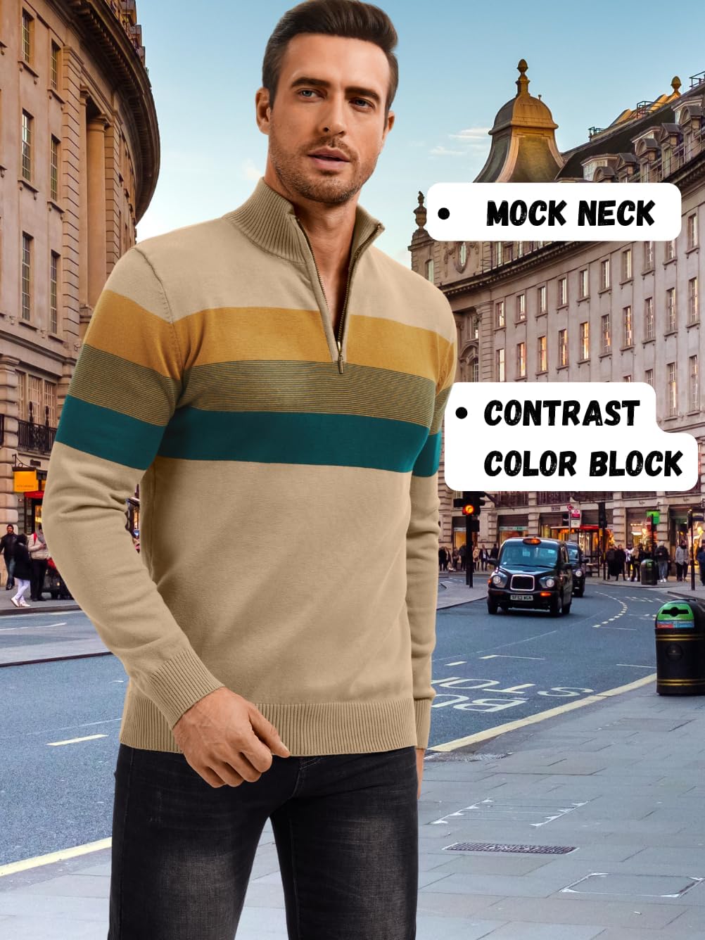 Mens Quarter Zip Sweater, Striped Long Sleeve Turtle Neck 1/4 Zip Pullover Golf Sweatshirt, Fall Winter Casual Outfit - Image 4