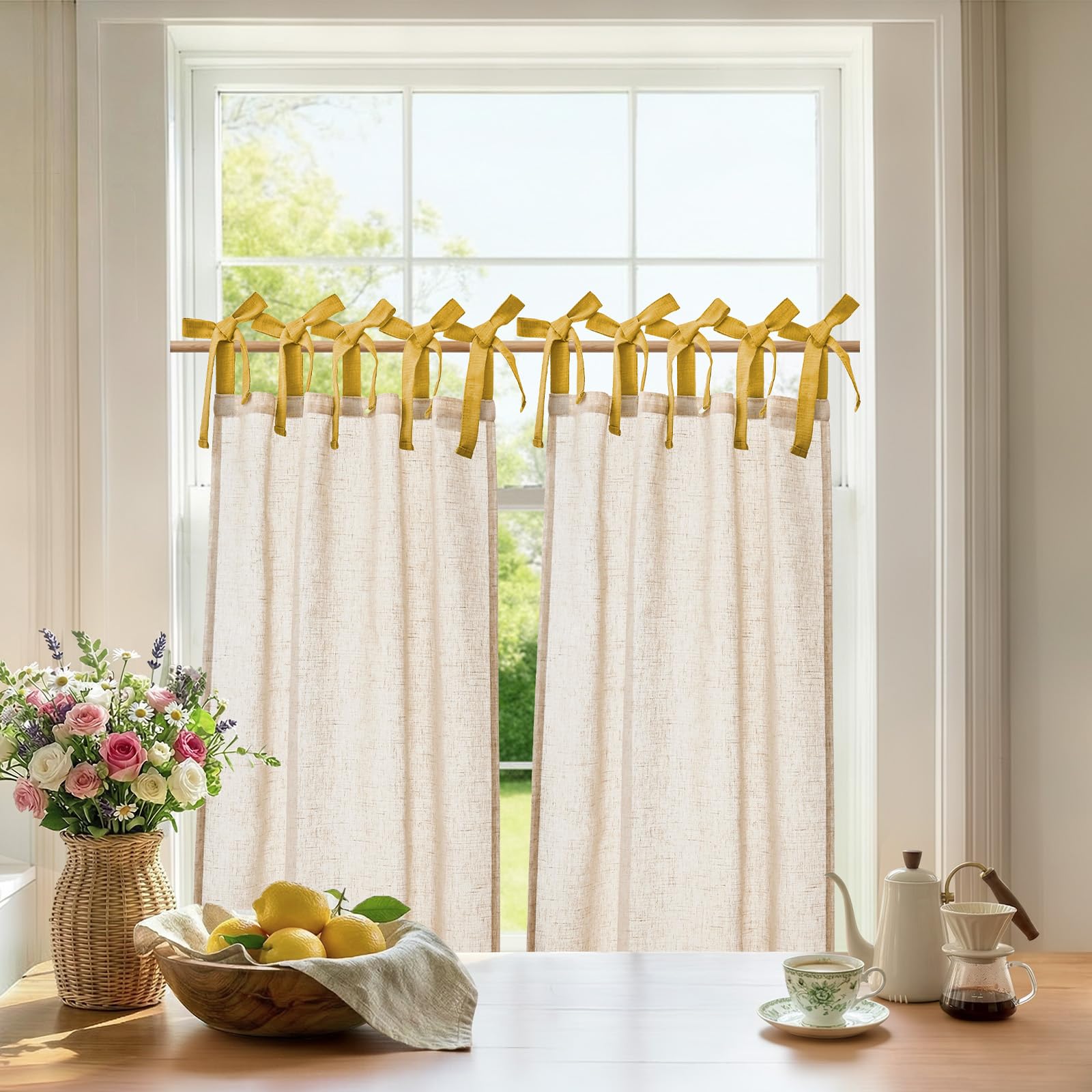 jinchan Linen Tie Top Curtains 36 Inch Length Farmhouse Cafe Curtains Set of 2 for Bedroom Bathroom Rustic Small Windows Light Filtering Crude Panels with Mustard Yellow Ties