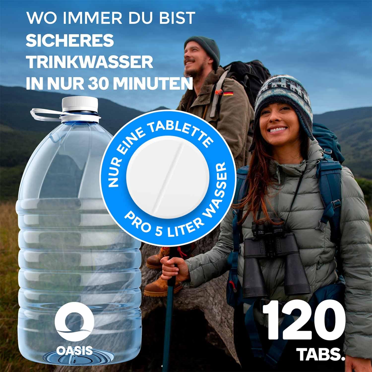 Wicked Chili Wasseraufbereitung Trinkwasser (120 Tabletten) Wasserentkeimung & Trinkwasseraufbereitung je 4-5 Liter, Notfall Reise Ausrüstung, Tabletten für Blackout, Notfallrucksack, Reiseapotheke