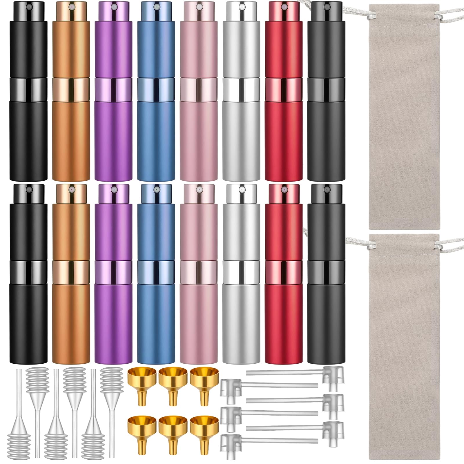 Vaporisateur de parfum de voyage rechargeable : lot de 16 mini flacons colorés 8ml