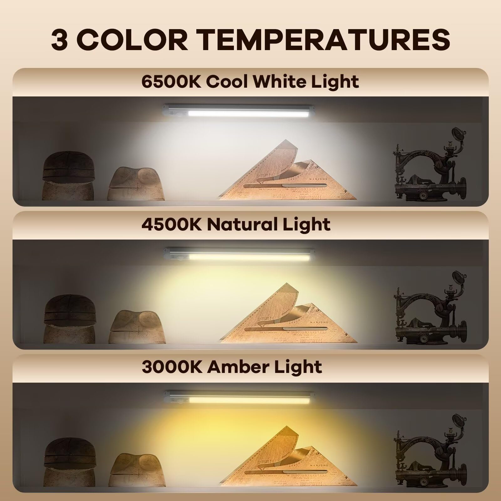 BIAT Under Cabinet Lights 2PCS, 80 LED Motion Sensor Indoor, Rechargeable Closet Lights with 3 Color Temps, Dimmable