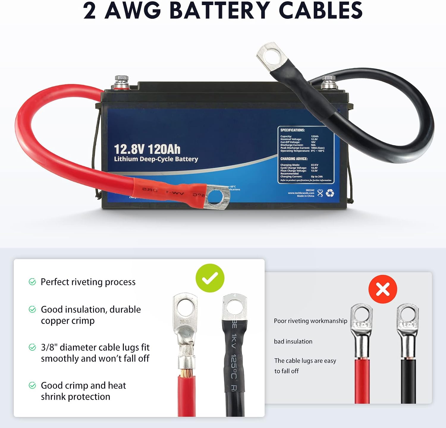 2 Gauge Battery Cable 2Ft Copper Power Inverter Wire with 3/8" Lugs, Marine Battery Cables for Solar Car Boat RV (2pcs)