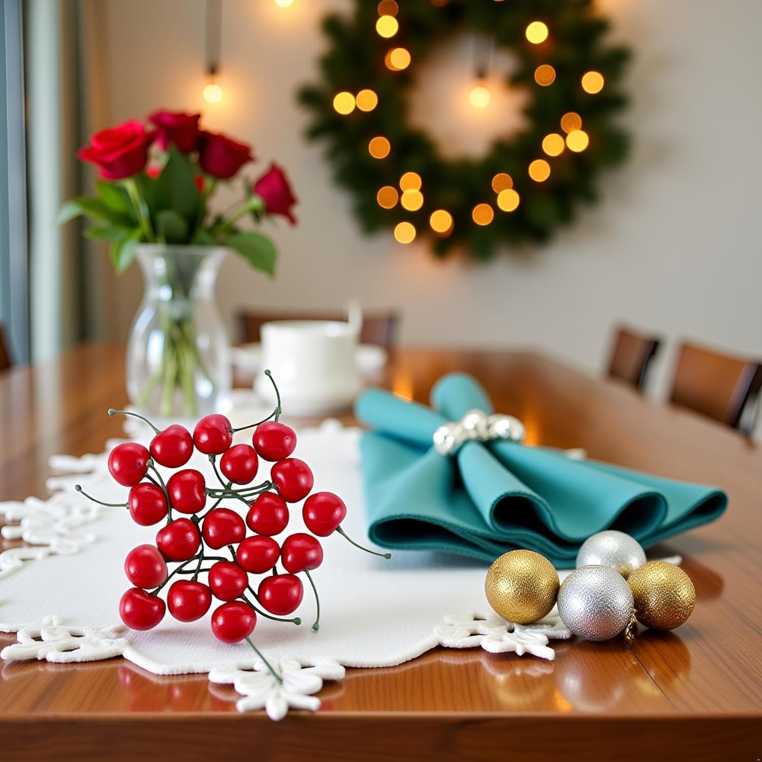 20pcs Red Artificial Cherries, Fake Fruit Decor Simulation Cherry Model Lifelike Fruit Cherry Ornament, Home Kitchen Party Decoration Desk Ornament Photography Prop