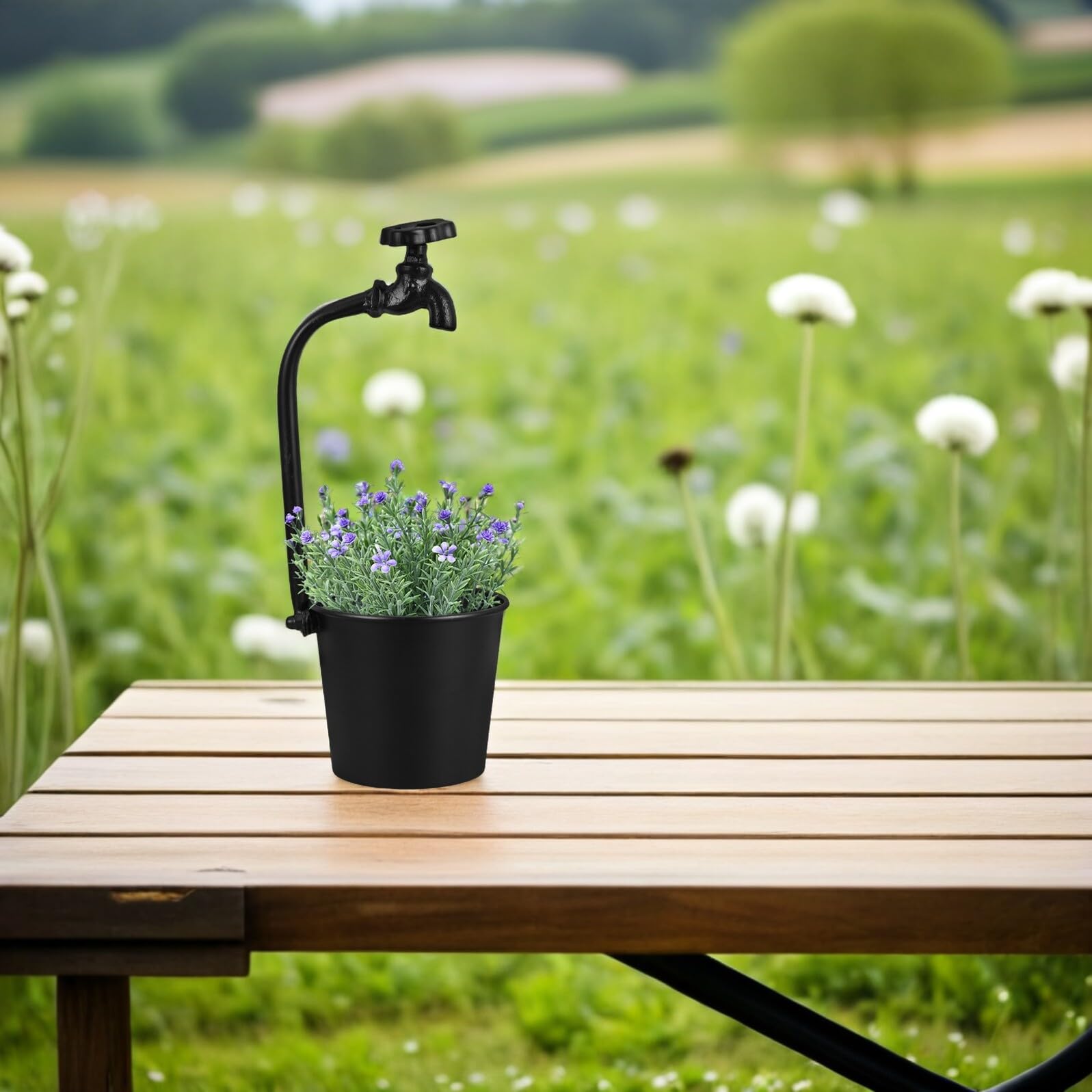 Jardinière Rétro en Fer Noir avec Robinet Métal pour Extérieur, Pot de Fleurs Rustique Multifonction Adapté la Décoration de Table et Jardin