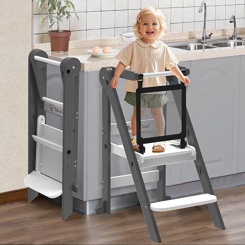 Foldable Toddler Tower, 3 Adjustable Height, Toddler Kitchen Stool Helper | Wooden Standing Tower with Safety Net ,Safety Feet,for Kitchen, Bathroom, Study Room,Offer Customer Service