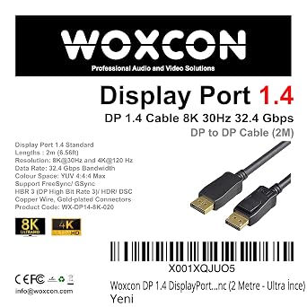DP 1.4 DisplayPort Kablo 32.40 Gbps Bandwith HBR3 8K 30Hz, 4K 120Hz, 4K 60Hz, 2K 240Hz, 2K 165Hz, 1080p 240Hz Destekli HDR, FreeSync, G-Sync (2 Metre) - Woxcon