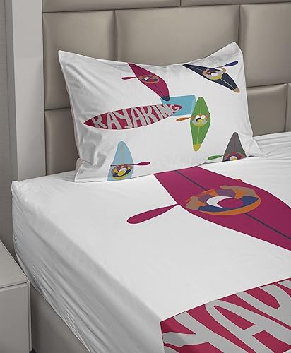 Miniatura 2 de Lunarable Juego de sábanas de remos, patrón temático de deportes acuáticos con personas en kayak con botes coloridos, sábana bajera y sábana