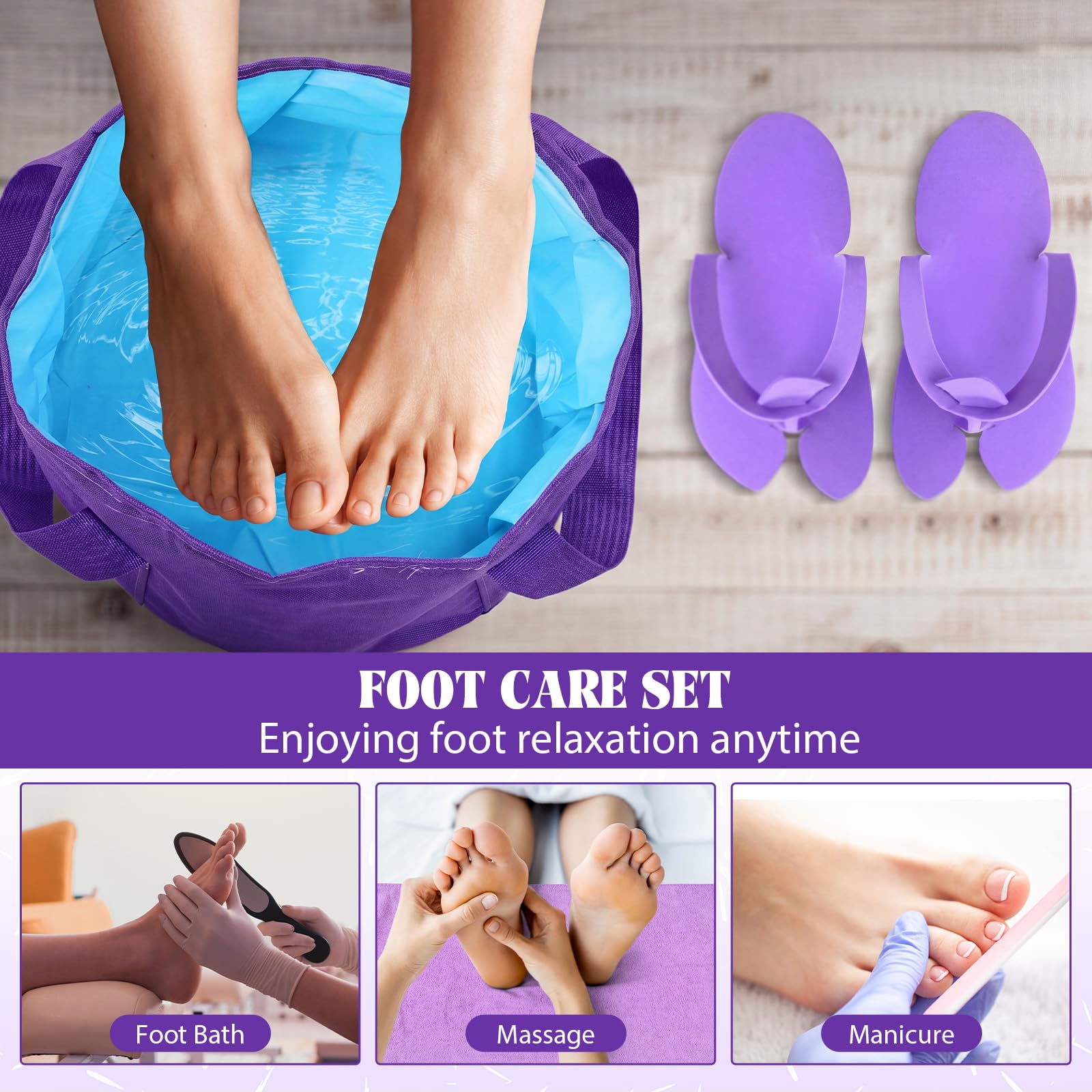 FillTouch 6 Sets faltbares Fußbad-Set, 15 l, zusammenklappbare Fußbadewanne, Badezimmer-Handtücher, Damen, Erwachsene, faltbare Hausschuhe mit Aufbewahrungstasche, Spa, Soak-Pediküre, Bad für Reisen