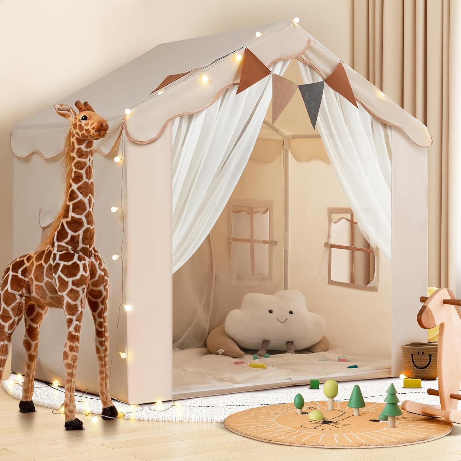 Kids Tent with Padded Mat Playhouse Tent 2 in 1, Kids Play Tent Large Space Indoor with 2 Doors and 4 Windows for Girls Boys with Stars Lights, Carry Bag, Banner Flag (Beige, 2 in 1)