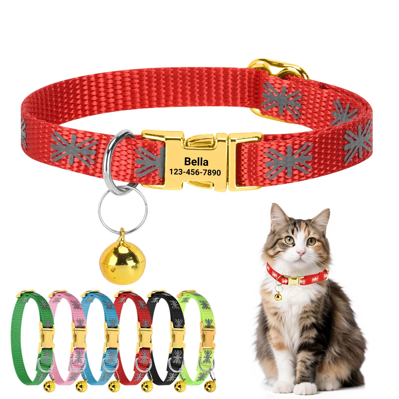 Personalised Cat Collar with Custom Engraved Name Tag Quick Release Metal Buckle Reflective Kitten Collar with Bell Adjustable 19-29cm for Boys and Girls (Red)